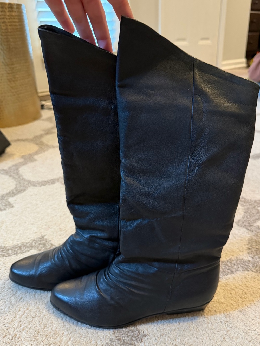 Basic Editions Black Leather Mid-Calf Wedge Boots